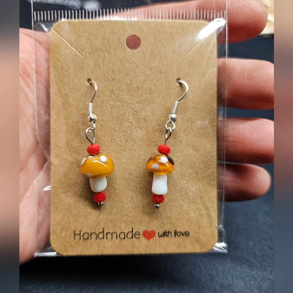 Mushroom Earrings Brown& White w/Red Crystals & Hypoallergenic earring hooks New